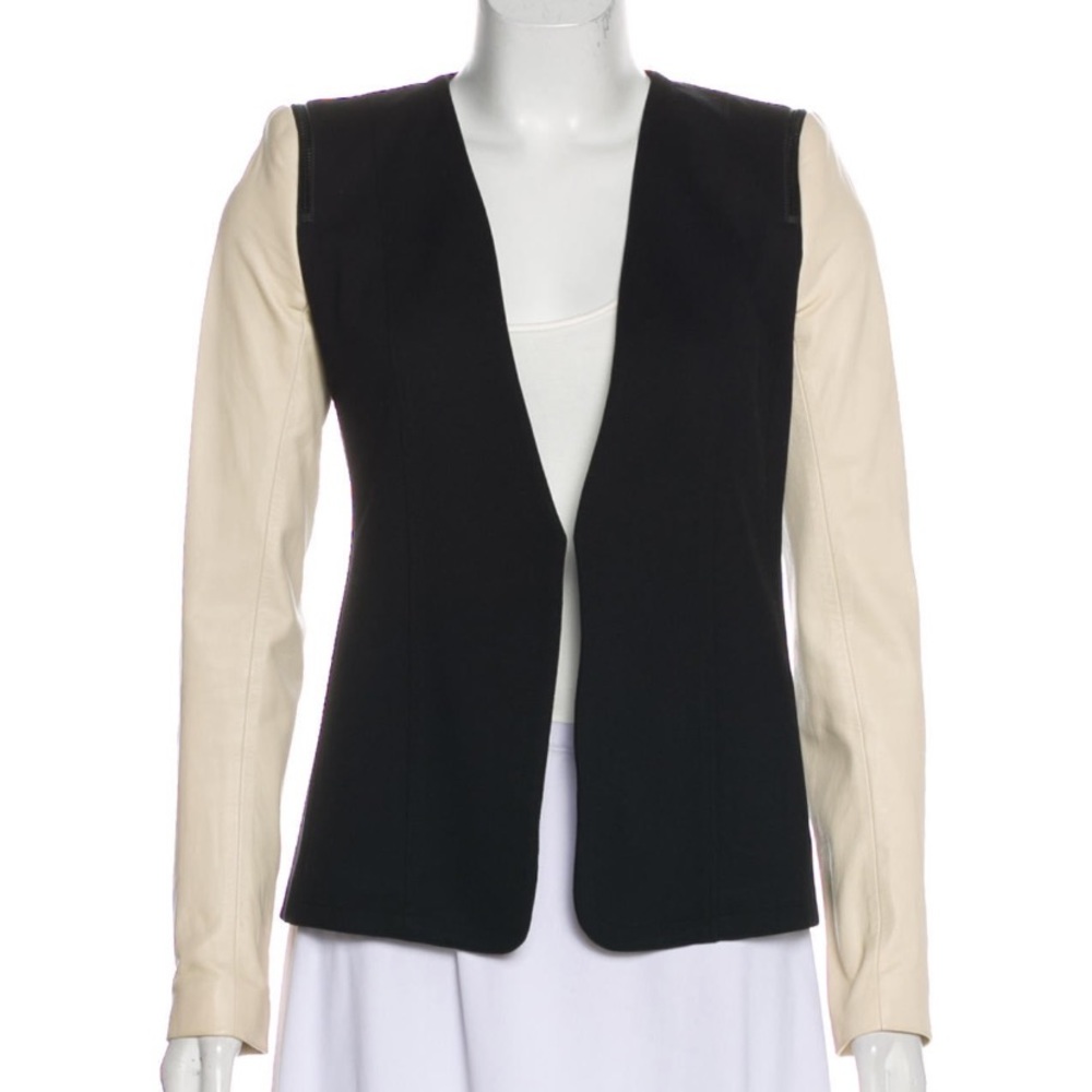 Theory open front leather sleeve jacket blazer